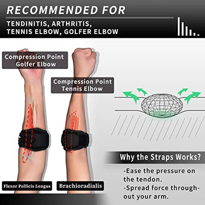 Elbow Brace for Tendonitis and Tennis Elbow for Women Men, 2 Pack Golfers Elbow Brace Counterforce Band with Compression Pad, Effective Tendon Pain Relief, Black - color: Black