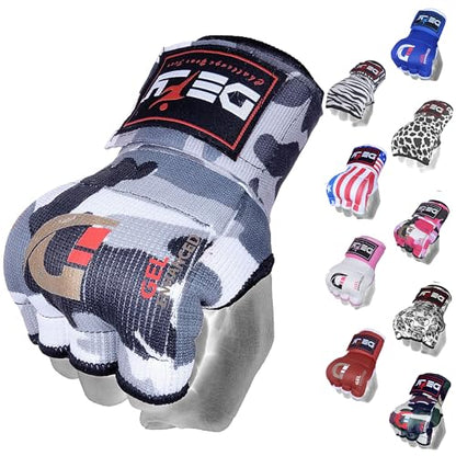 DEFY Padded Inner Gloves Quick 75cm Long Strap – Inner Boxing Gloves Gel Padded Knuckle Protection – Elasticated Boxing Hand Wraps for MMA Muay Thai Kickboxing Martial Arts Pair - color: White Camo, size: Small