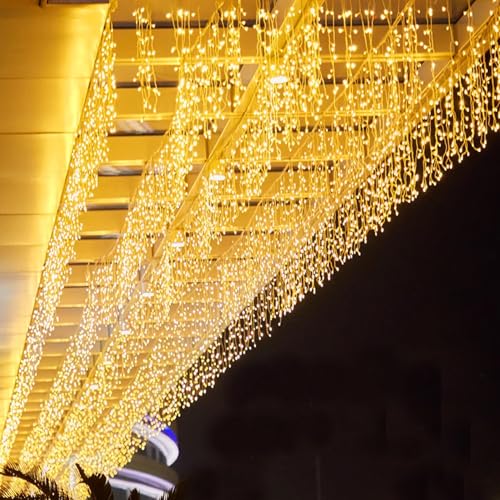 LED Icicle Lights, 8 Modes 16.4FT 112 LEDs Christmas Short Curtain Fairy Hanging Ceiling Extendable Lights for Wedding Balcony Doorway Outdoor Indoor Decoration Warm White, 5M04 - size: 16.4FT