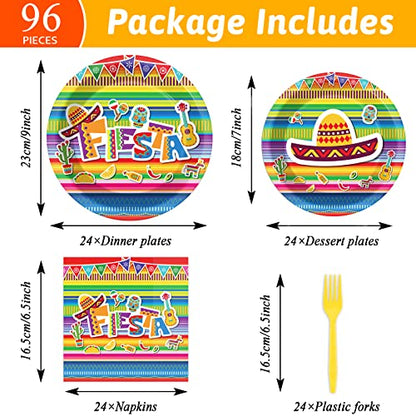 96 Pieces Fiesta Party Decorations Mexican Plates Tableware Set for De Mayo Party Decorations Supplies Mexican Themed Paper Dessert Plates Napkins Forks for 24 Guests Birthday Party Favors - style: Mexican Fiesta