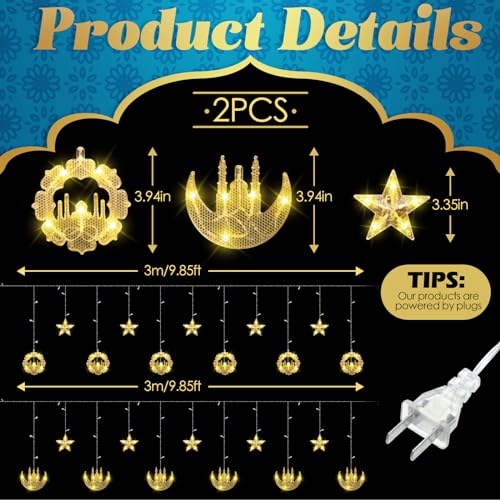 Riakrum 2 Pack Eid Mubarak Fairy Curtain Lights 9.84 ft Star Moon Castle Lights LED Window Star Lights for Ramadan Home Decoration Gifts Wedding Christmas Eid Party Indoor Holiday