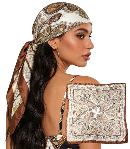 Sumolux Head Hair Scarf for Women 35" Like Satin Silk Scarf Hair Wrapping Night Bandana Large Square Scarves - color: B Brown Cashew