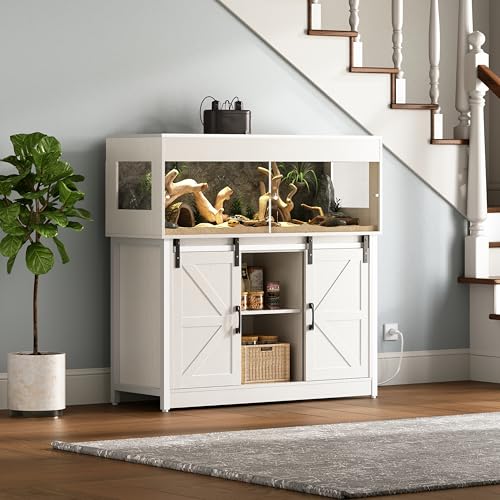 Herture 60 Gallon Reptile Terrarium with Stand,Reptile Enclosure | Terrarium Enclosure with Doors,Cabinet with Barn Door,Mesh Lid,Outlet – Vivarium Habitat for Medium Reptiles White PX05RTW - color: White, size: 60 Gallon