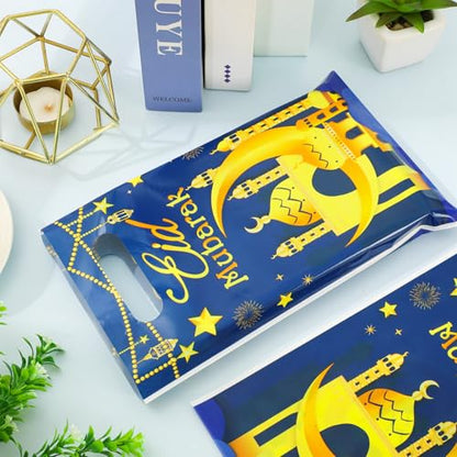 Whaline 50 Pcs Eid Mubarak Party Favor Bags Ramadan Treat Bags with Handles Blue Gold Plastic Candy Goodie Bags for Islamic Muslim Party Favors Supplies