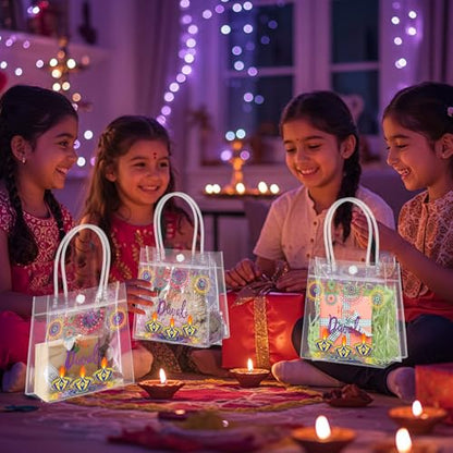 Aliceset 24 Pcs Happy Diwali Clear PVC Gift Bags with Handle, Clear PVC Diwali Goodie Bags Reusable Party Favor Bag for Indian Deepavali Party Supplies(tea Light, 6.31"x 5.91"x 3.15") - style: Tea Light