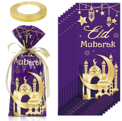 Whaline 100 Pcs Eid Mubarak Cellophane Bags with Ribbon Ramadan Plastic Treat Bags Purple Gold Candy Goodie Bag for Islamic Muslim Party Snack Cookie Packing Supplies - color: Purple Gold