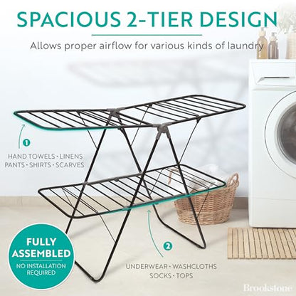 Brookstone 2 Tier Folding Rack - Indoor/Outdoor Collapsible Clothes Dryer Stand Laundry or Shoe Rack, Heavy Duty Freestanding Garment Hanger, Foldable, Clothing Drying Rack, Black - color: Black