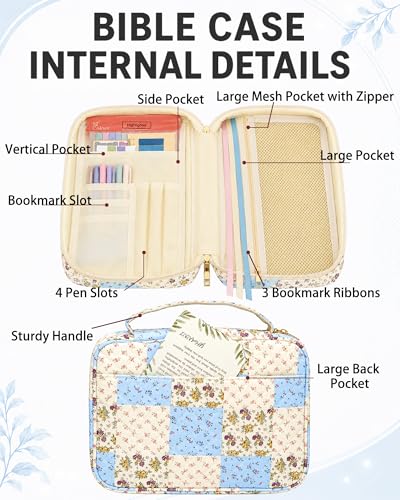 Bible Cover Case for Women Large Bible Bag, Quilted Bible Carrying Case with Handle Church Book Holder Bible Study Supplies Accessories Christian Gifts for Women (Spliced Flower Blue)