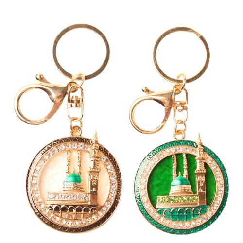 2PCS Islamic Mosque Keychain with Artificial Rhinestones - Metal Bag Charm & Car Hanging Accessory
