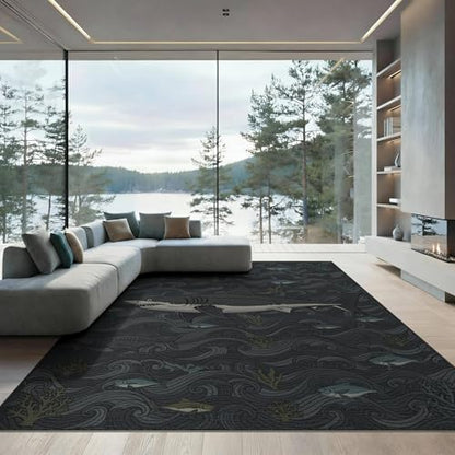 8'x10' Washable Flatwoven Rug, Charcoal Grey Graphic Fish Stain Resistant Extra Large Carpet for Dining Room, Large Office, Lounge, Non-Slip Chair-Friendly Mat | Ref:2068054 - color: Grey/Pattern 19, size: 8' x 10' (Rectangular)