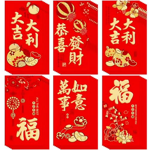 36 Pcs 6 Designs Chinese New Year Red Envelopes 2026, 3.5 x 6.7 Inches Hong Bao Lucky Money Cash Envelopes Red Packets Lai See for Spring Festival, Lunar New Year, Weddings, Birthdays, etc