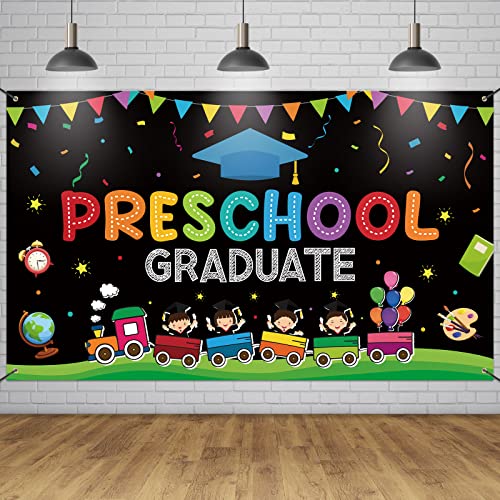 Large Preschool Graduation Party Banner Decorations 72x44 Inch, Kindergarten Graduate Banner Flag Photography Background for Kids Class of 2023 Ceremony Congratulations Grad School Prom Supplies - color: Preschool Black