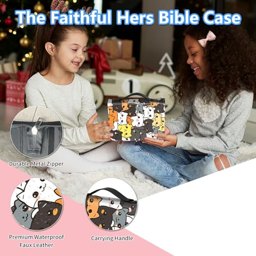 Bible Cover Case for Women, PU Leather Large Bible Cases with Zipper Fits Books Up to 12" x 9" x 2.76”, Bible Carrying Bag for Men, Cartoon Cat - color: Cartoon Cat
