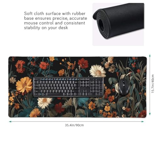 XXL Gaming Mouse Pad 35.4 x 15.7 Inch, Large Floral Desk Mousepad with Vintage Botanical Design, Water-Resistant, Stitched Edges, Non-Slip Rubber Base Desk Mat for Gaming & Office