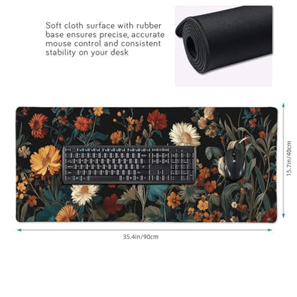 XXL Gaming Mouse Pad 35.4 x 15.7 Inch, Large Floral Desk Mousepad with Vintage Botanical Design, Water-Resistant, Stitched Edges, Non-Slip Rubber Base Desk Mat for Gaming & Office