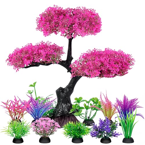 Ameliade Pink Artificial Plastic Tree Aquarium Plants Decor Set, 11PCS | Soft Cherry Blossom Tree Fish Tank Decorations, Betta Goldfish Large Tank Accessories, Big Fish Bowl Tall Ornaments - color: Pink