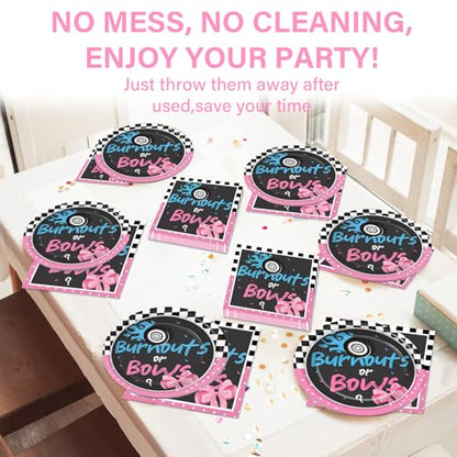 24 Guests Burnouts or Bows Gender Reveal Paper Plates Napkins Gender Reveal Party Decorations Baby Shower Party Supplies Disposable Dinner Tableware Set for Birthday Boys or Girls Serve 24 - style: Gender Reveal