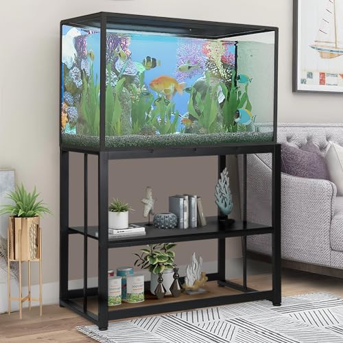 VOWNER 55-75 Gallon Fish Tank Stand, Metal Aquarium Stand, Black | 48.4" x 14.9" x 29.5" Heavy Duty Reptile Tank Stand, Adjustable 2-Tier Fish Tank Rack Shelf for Home Office, Stand Only - color: Black