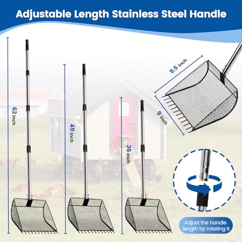 Chicken Poop Scooper for Sand, 2-in-1 Rake & Pooper Scooper with Large Sifting Shovel, Adjustable Stainless Steel Handle (36"-62"), Chicken Coop Litter Scoop & Cleaning Tool for Farm Animals