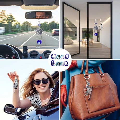 Evil Eye Car Charm Key Chain Car Hanging Accessories 4 Pack - Turkish Evil Eye Wall Decor Nazar Amulet Boncugu Peacock Hindu OM Diwali Decor Home Window Door Entryway Shrine Spiritual Ornaments