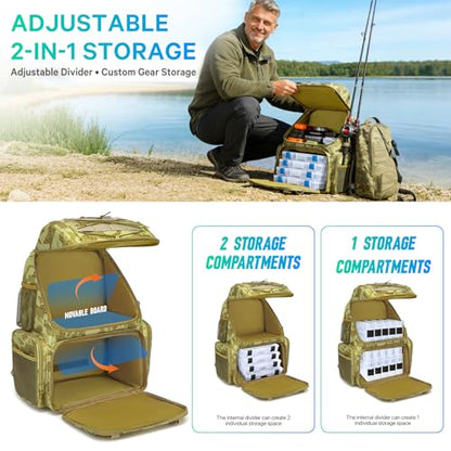 Fishing Backpack, 45L Large Cooler Fishing Tackle bag with Rod Holders & Rain Cover, Water-resistant Store Gear (Khaki Camo) - color: Khaki Camo
