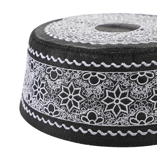 Muslim Prayer Kufi Hat Men Islam Skull Embroidery Cap Beanie Hat Arabian Omani Turkish Prayer Headwear Eid Gift - color: White Flower