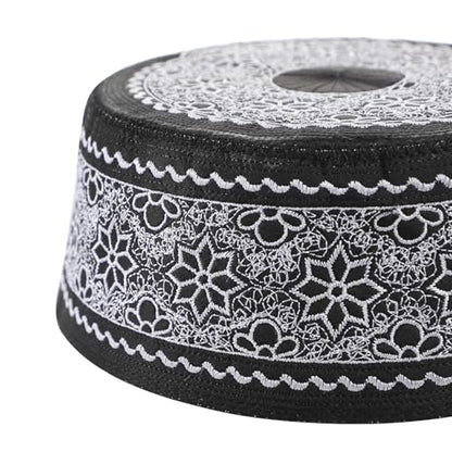 Muslim Prayer Kufi Hat Men Islam Skull Embroidery Cap Beanie Hat Arabian Omani Turkish Prayer Headwear Eid Gift - color: White Flower