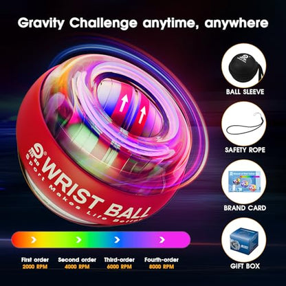 JIN BD Auto-Start Gyro Ball Wrist Trainer, Gyroscopic Forearm Exerciser for Strengthening Arms, Fingers and Muscles - color: Light Red Transparent with Colorful Lights