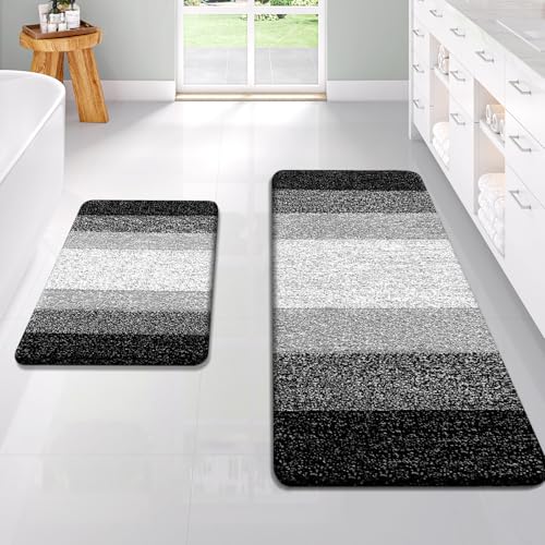 OLANLY Micorfiber Bathroom Rug Set 2 Piece, Soft Absorbent Bath Mats, Black - color: Black, size: 47" X 20" + 24" X 16"