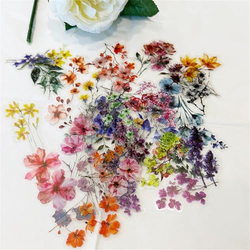 50 Pieces Natural Flower Stickers for Scrapbooking, Transparent PET Self-Adhesive Scrapbooking Stickers Supplies Journal Stocking Stuffers for Adult Card Making Letters DIY (Flower-PET) - color: Flower-pet
