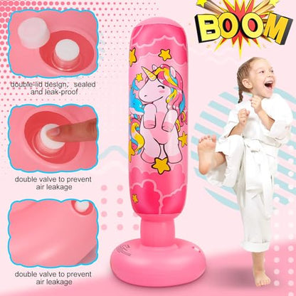 2 Pcs 47" Kids Punching Bag Girls Stable Inflatable Boxing Bag Unicorn Heavy Punch with Instant Bounce Back Movement Kids Workout Equipment Karate Gifts for Girls Karate Taekwond
