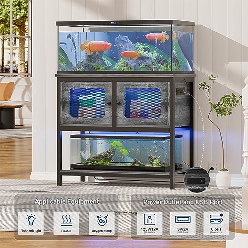 40-50 Gallon Fish Tank Stand with LED Light and Outlet, Heavy Duty Metal Aquarium Stand with Cabinet and Accessories Storage, Reptile Tank Turtle Terrariums Table Stand Hold 880LBS, Grey Oak