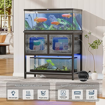 40-50 Gallon Fish Tank Stand with LED Light and Outlet, Heavy Duty Metal Aquarium Stand with Cabinet and Accessories Storage, Reptile Tank Turtle Terrariums Table Stand Hold 880LBS, Grey Oak