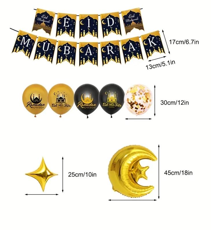 Generic 34 Pcs Eid Mubarak Party Decorations, Eid Mubarak Banner Eid Mubarak Latex Balloons Eid Mubarak Moon Foil Balloon for Eid Mubarak Ramadan Party Supplies,Eid and Ramadan Decorations