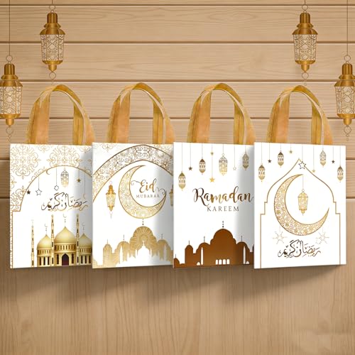 Yssreey Eid Mubarak Reusable Gift Bags 12pcs Ramadan Goodie Bags with Handles Non Woven Treat Bags for Ramadan Kareem Eid Mubarak Party Supplies