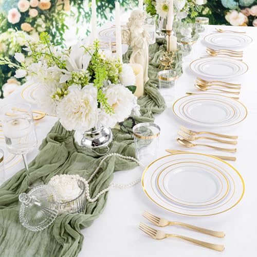 Supernal 200pcs Gold Plastic Dinnerware included 25 Party Dinner Plates 25 Dessert Plates 25 Disposable Cups and 25 Paper Napkins Disposable 25 Spoons 25 Knives 50 Forks for Party and Wedding - color: 200pcs White and Gold Plastic Dinnerware