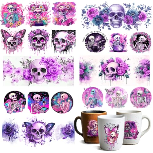 10 Sheets UV DTF Cup Wraps, 10 Styles Magic Style Stickers Cartoon Skull Rub on Decals Purple Waterproof Transfer Stickers for Glass Cups Wood Crafts - style: Magic Style