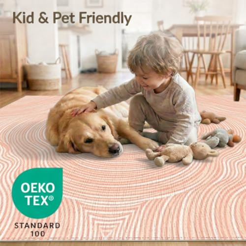 6'x9' Washable Modern Abstract Area Rug, Peach Non-Shedding Pet Friendly Room Rug for Queen Size Bedroom, Under Bed, Master Suite, Foldable Easy Care Carpet | Ref:1908935 - color: Beige/Pattern 28, size: 6' x 9' (Rectangular)