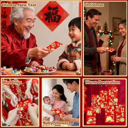 36pcs Red Envelopes Chinese New Year, Chinese Hong Bao Envelopes for Money, 2026 Lunar New Year of The Horse Red Packets with 6 Unique Gold Embossed Designs for Spring Festival, Large