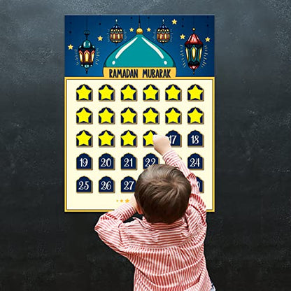 FLYAB Ramadan Calendar 2025 Eid Mubarak Countdown for Kids 30 Days Advent Poster Decorations Home Wall with 36 Star Stickers and 1PCS Small Card