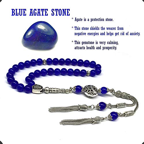 Design - Long & Stylist Tassels Worry Beads - Prayer Beads (8 mm-33 Beads) Tesbih-Tasbih-Tasbeeh-Misbaha-Subha-Sebha-Sibha-Rosary (Blue Agate Natural Stone) - color: Blue Agate Natural Stone