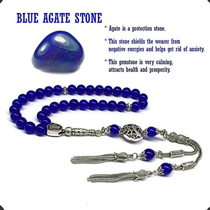 Design - Long & Stylist Tassels Worry Beads - Prayer Beads (8 mm-33 Beads) Tesbih-Tasbih-Tasbeeh-Misbaha-Subha-Sebha-Sibha-Rosary (Blue Agate Natural Stone) - color: Blue Agate Natural Stone