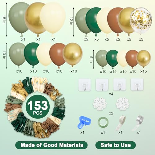 Amandir 153피스 그린 브라운 풍선 가랜드 아치 키트, 다양한 사이즈 45.7cm(18인치), 30.5cm(12인치), 25.4cm(10인치), 12.7cm(5인치), 세이지 그린 아이보리 골드 라텍스 메탈릭 색종이 조각 풍선 사파리 정글 와일드 원 우드랜드 열대 파티 장식용 - color: 브라운 그린.
