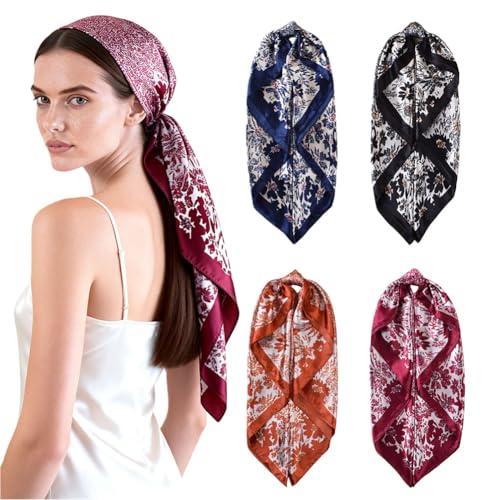 4Pcs Silk Head Scarves for Women Satin Hair Scarf 35”Large Square Bandana Silk Like Neck Scarf Shawl - color: Black/Red/Orange/Navy Blue