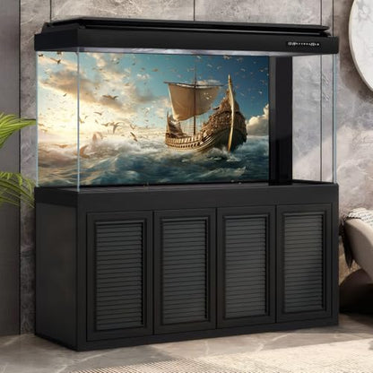 Sailing Ship Aquarium Background Splendid Surfy Ocean Flying Seagulls Fish Tank Background Majestic Golden Pirate Ship Terrarium Backgrounds Deep Seascape Blue Sky Reptile Tank Backgrounds 24x16in - color: Dark Blue, size: 24(W)x16(H)in