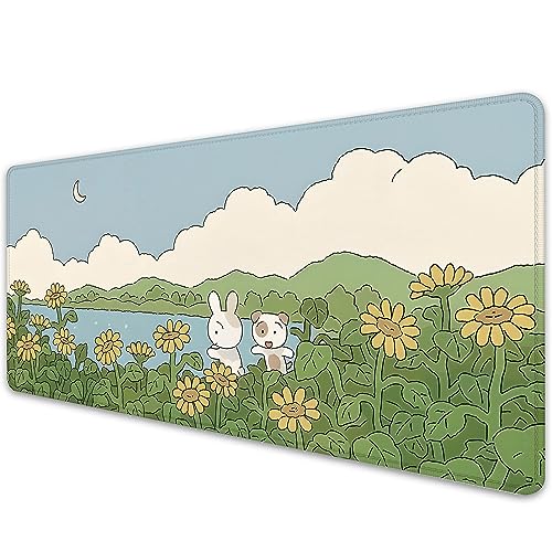 Sunflower Cute Anime Desktop Mat, Desk Mat for Keyboard and Mouse, Gaming Mat for Computer Office Home Work (27.5X11.8 in) - color: Sunflower and 2 Rabbits-2
