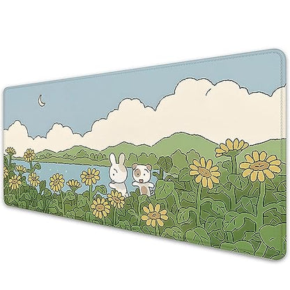Sunflower Cute Anime Desktop Mat, Desk Mat for Keyboard and Mouse, Gaming Mat for Computer Office Home Work (27.5X11.8 in) - color: Sunflower and 2 Rabbits-2