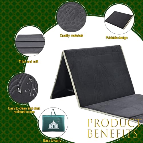Foldable Muslim Prayer Mat with Back Rest Support, Thick Padded Islamic Prayer Rug, Travel Portable Carpet for Women Men, janamaz, Sajadah, Meditation Prayer Ramadan Eid Gift with Hat and 33 Beads - color: BLACK