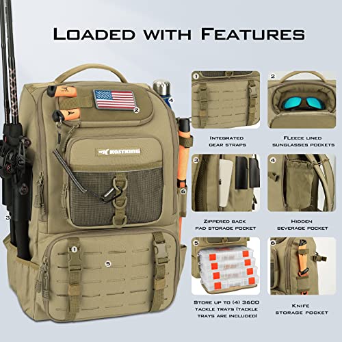 KastKing KarryAll Fishing Backpack with Rod Holder 4 Tackle Boxes, 40/26L | Tackle Bag Storage Fishing Gear and Equipment, Water‑Resistant Material, Fishing Gift for Men - color: B: Large (40 L) - Khaki