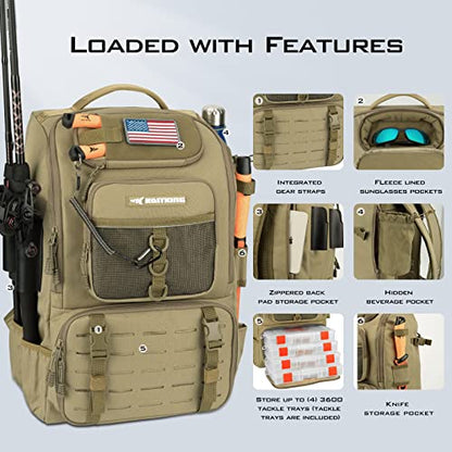 KastKing KarryAll Fishing Backpack with Rod Holder 4 Tackle Boxes, 40/26L | Tackle Bag Storage Fishing Gear and Equipment, Water‑Resistant Material, Fishing Gift for Men - color: B: Large (40 L) - Khaki